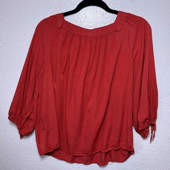 LC Lauren Conrad Size XL Embroidered Floral Square Neck Top 3/4 Tie Sleeve Boho - Picture 3 of 10